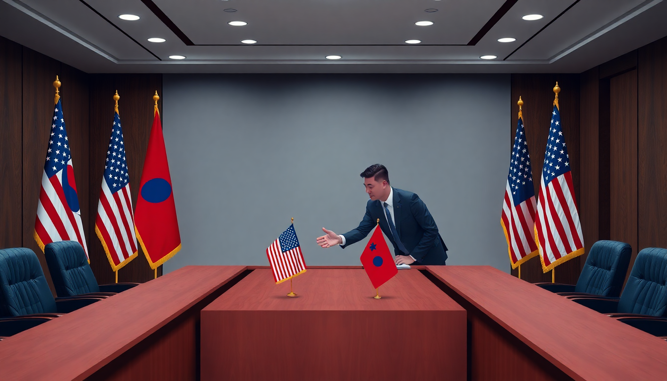 2025년 한미 정상회담에서 양국 지도자들이 악수하는 모습, 양국 국기가 배경에 있음.