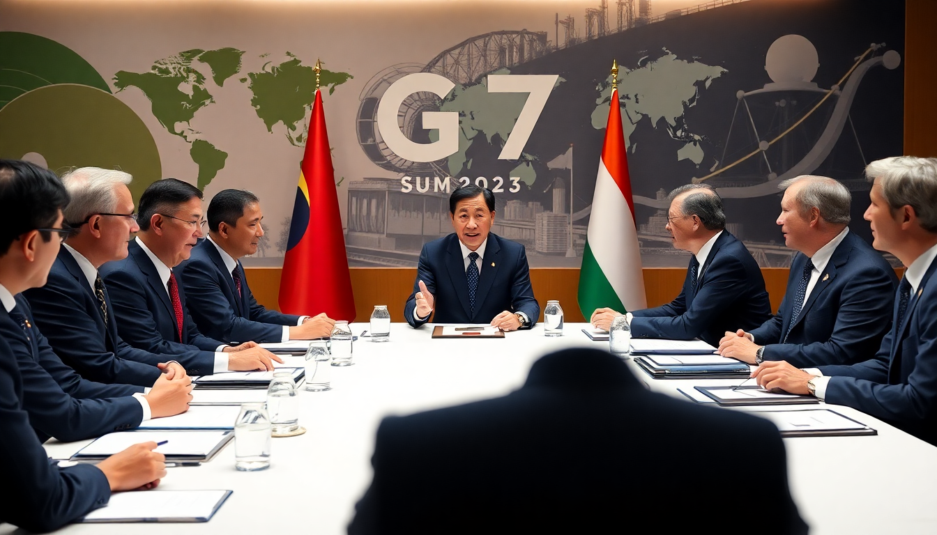 2025년 G7 정상회의에서 이재명 대통령이 주요국 정상들과 토론하는 모습