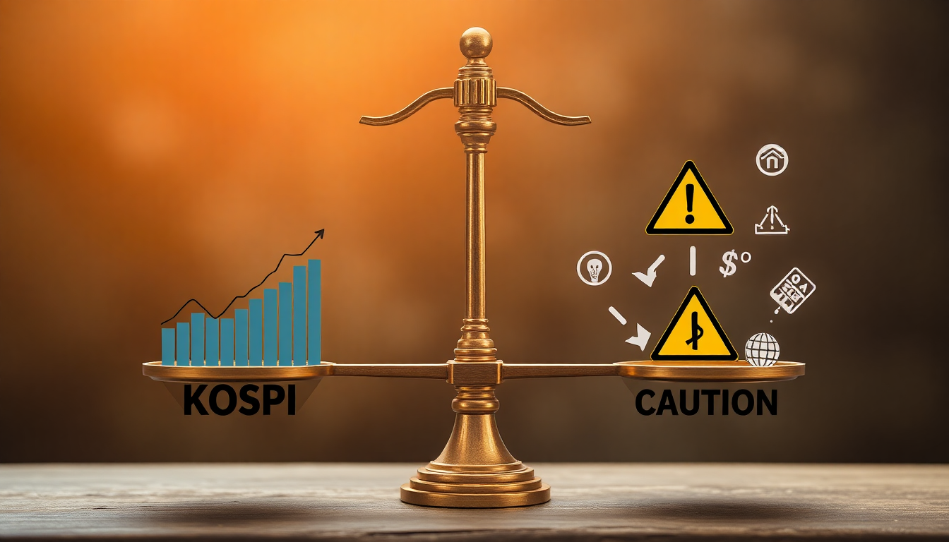코스피 5000 목표의 현실성에 대한 긍정론과 신중론을 상징하는 균형 잡힌 저울 이미지