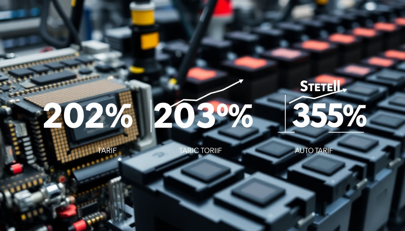 반도체 장비와 전기차 배터리 클로즈업, 관세 인하를 보여주는 그래프 포함.