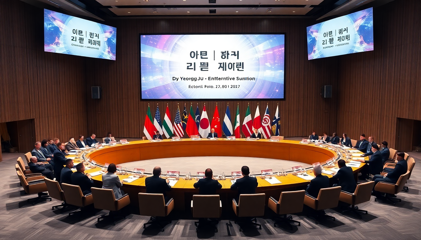 세계 각국 정상들이 모여 APEC 회의에서 경주 선언을 채택하는 장면