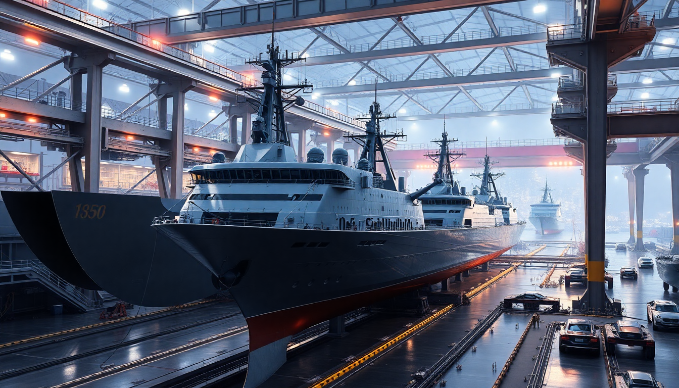 최첨단 조선소에서 차세대 선박들이 건조되고 있는 모습.