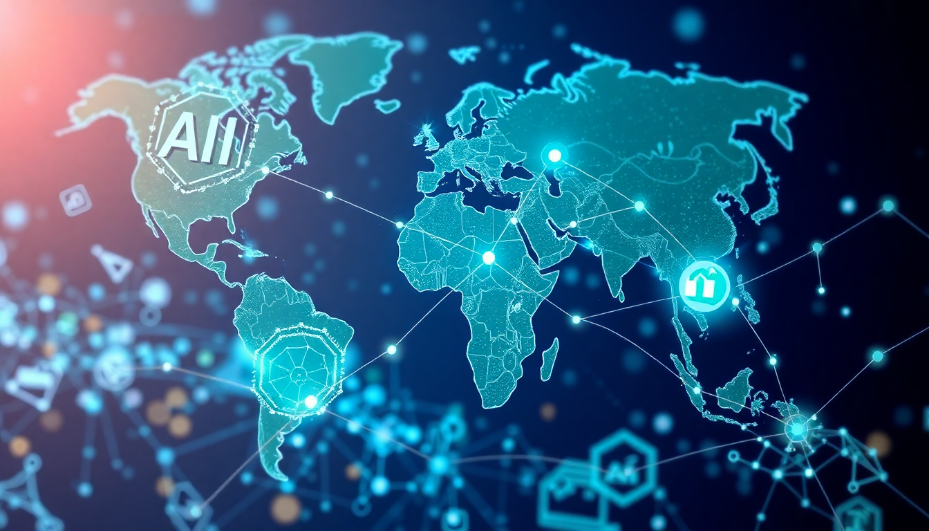 AI, 반도체, 녹색 기술이 세계 지도와 연결된 모습으로 대한민국의 미래 산업 외교 전략을 상징